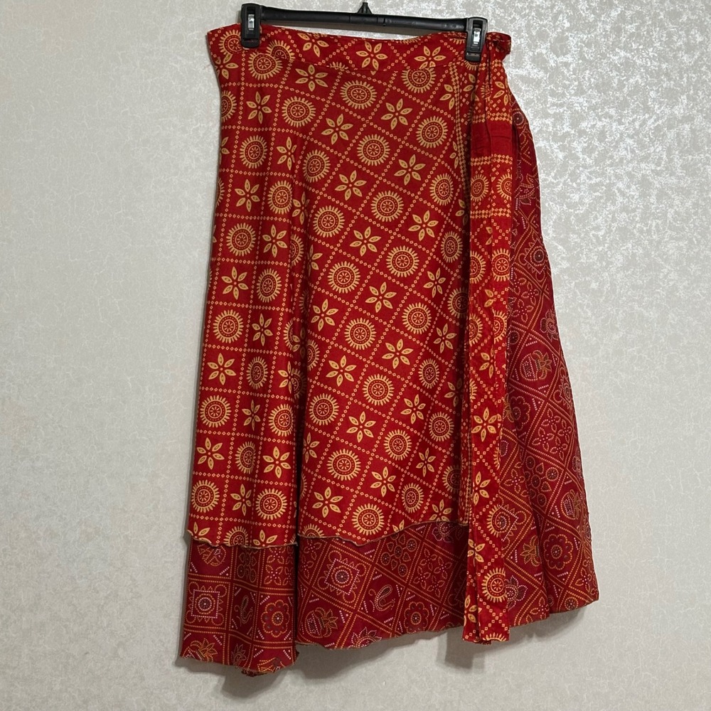Earthbound Trading Co Reversible Layered Wrap Skirt Midi Red Gold Festival Boho